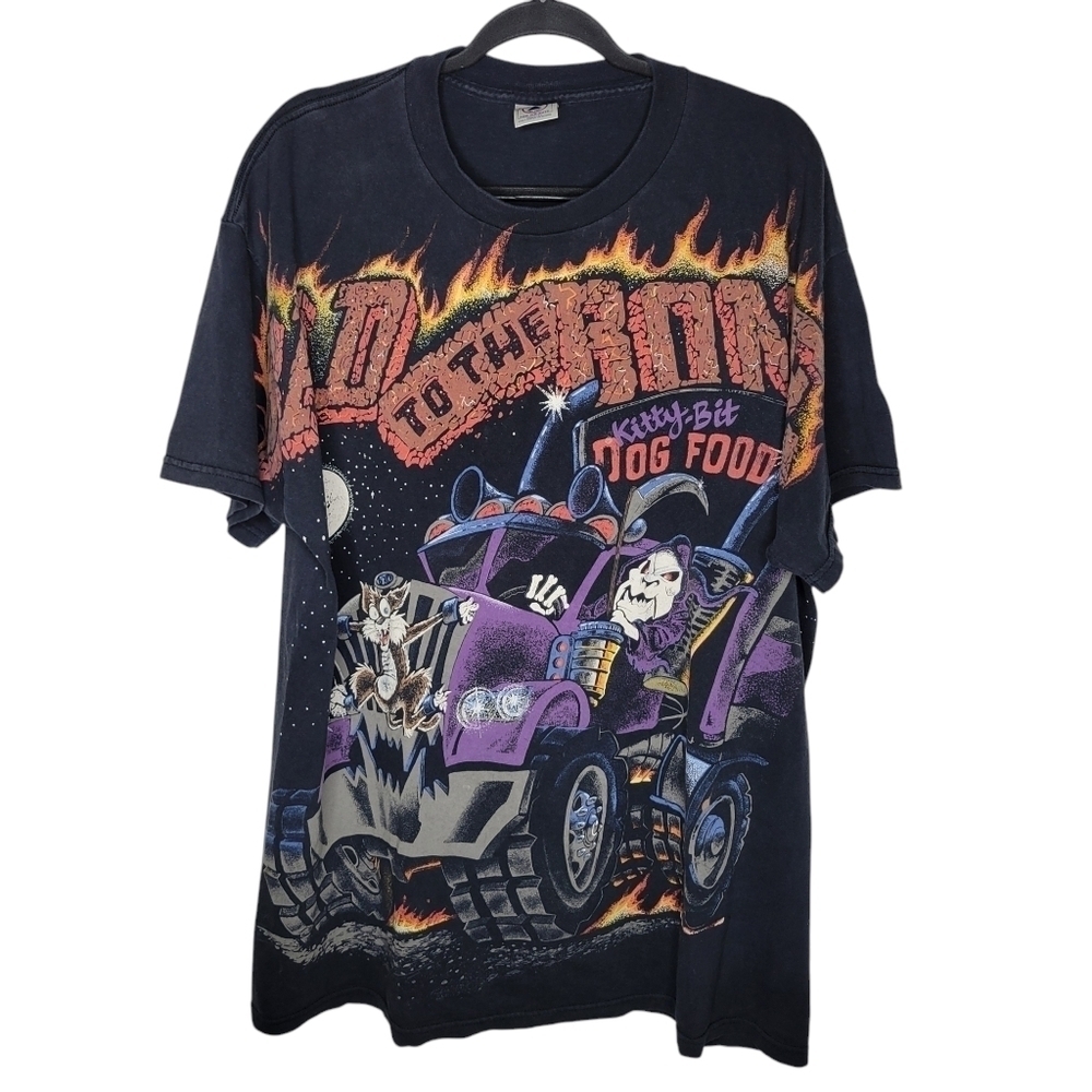 Vintage 90s Bad to the Bone Trucker Grim Reaper Scaredy Cat All Over AOP T-Shirt